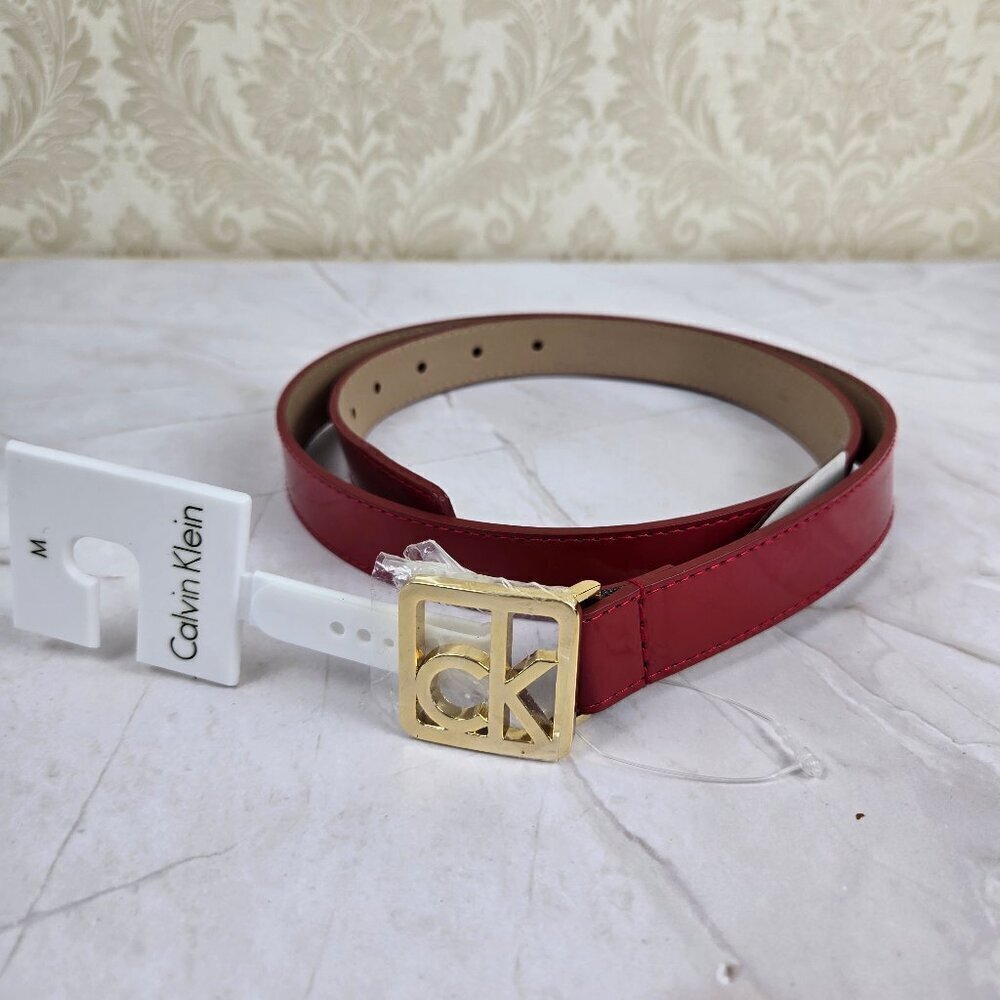 Calvin Klein Size Medium Red Patent Faux Leather Belt Gold Logo Hardware NWT
